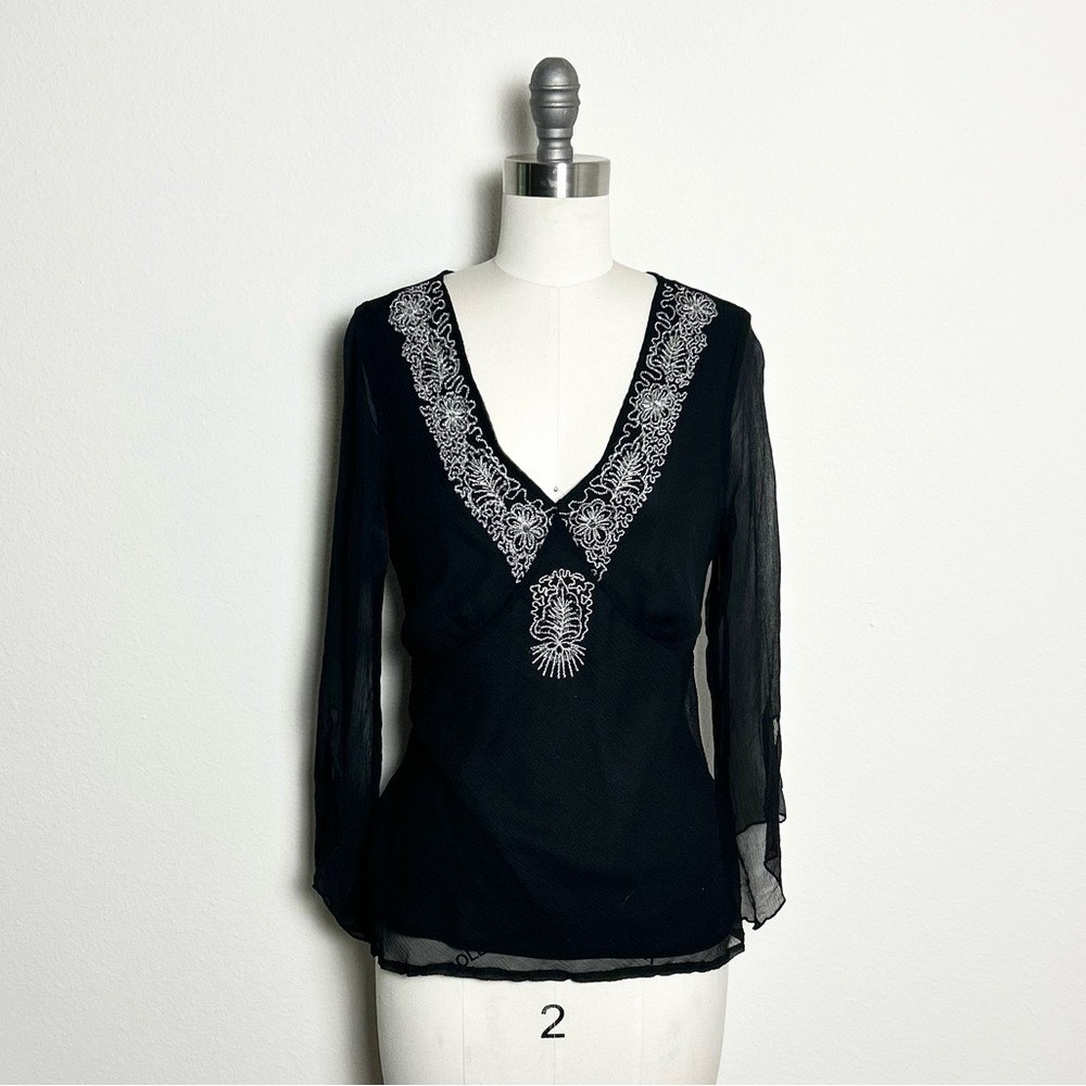 Separates by‎ New York City Design Co Black Silk Beaded Bell Sleeve Blouse Small
